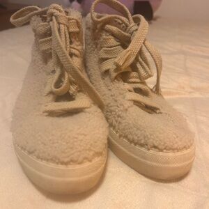 Helmut Lang Leather and Shearling Cream high top sneakers